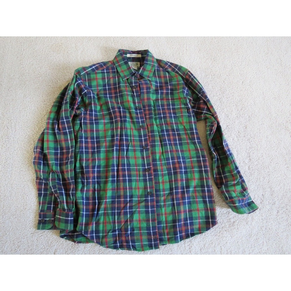 Men's LL Bean Traditional Fit Green Red Plaid Button Down Shirt Cotton Medium
